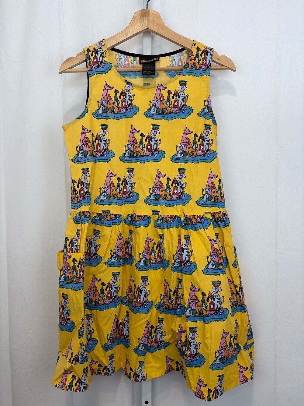 NOOWORKS Big Pocket Tank Dress Sleeveless Dog Party Print Cotton Yellow Size S